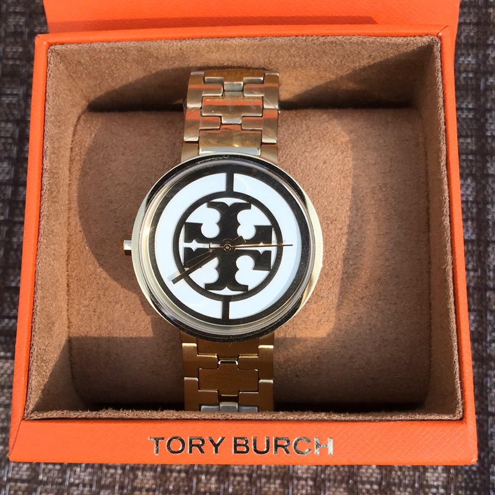 Tory Burch Gold Tone Logo Dial Bracelet Watch